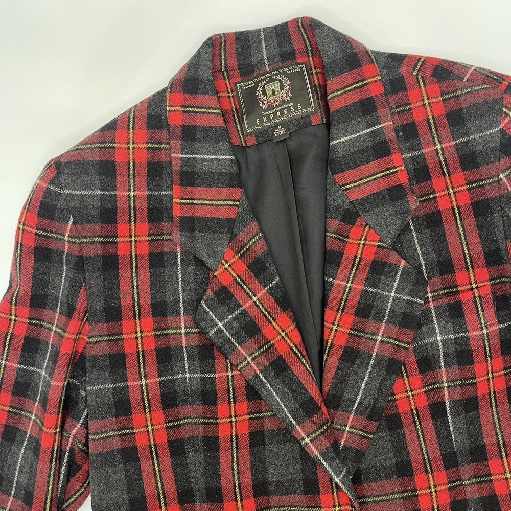 Express Women's Wool Blend Plaid Blazer Jacket‎ Medium Red Black Gray